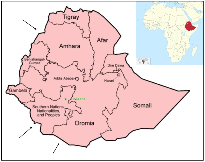 Kartenausschnitt Hossana in Äthiopien